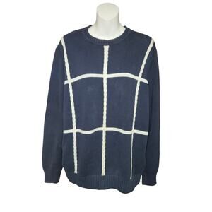 Vintage 90s Dockers  Navy Blue Windowpane Cotton Knit Sweater Mens Medium Preppy